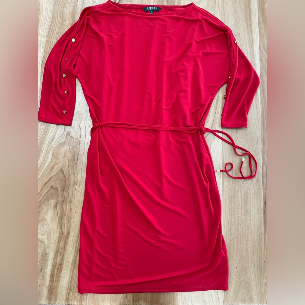 Lauren Ralph Lauren Small Cherry Red Gold Button Dolman Sleeve Belted Dress